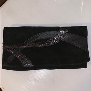 Brown suede and leather clutch